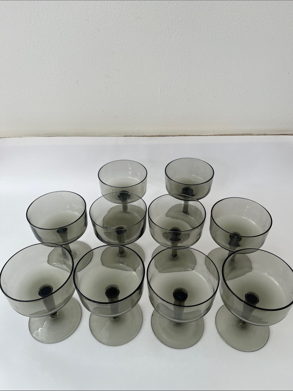 Set of 11 Smoke Gray Glass Coupe Goblets